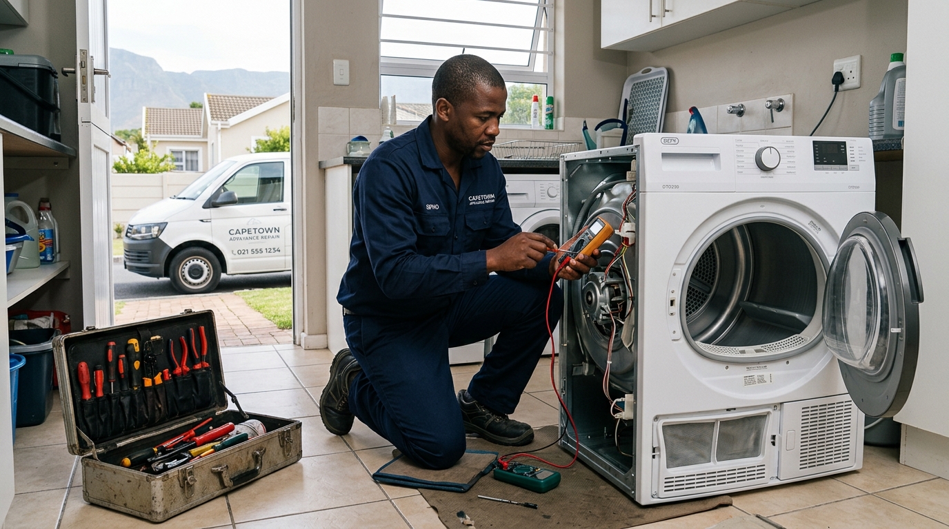 Bosch tumble dryer technician repairing appliance on-site in Cape Town home