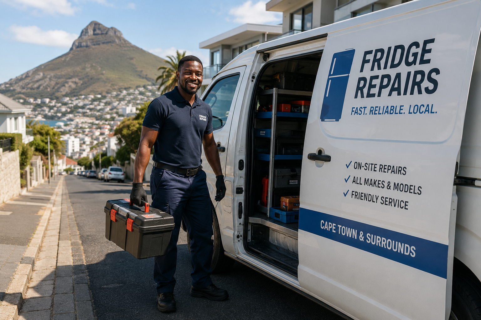 Defy fridge technician repairing fridge on-site in Cape Town home