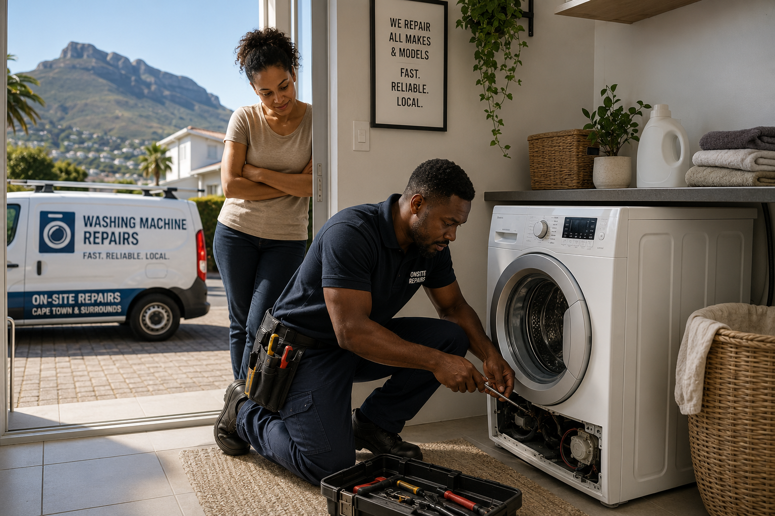 Defy washing machine technician repairing appliance on-site in Cape Town home